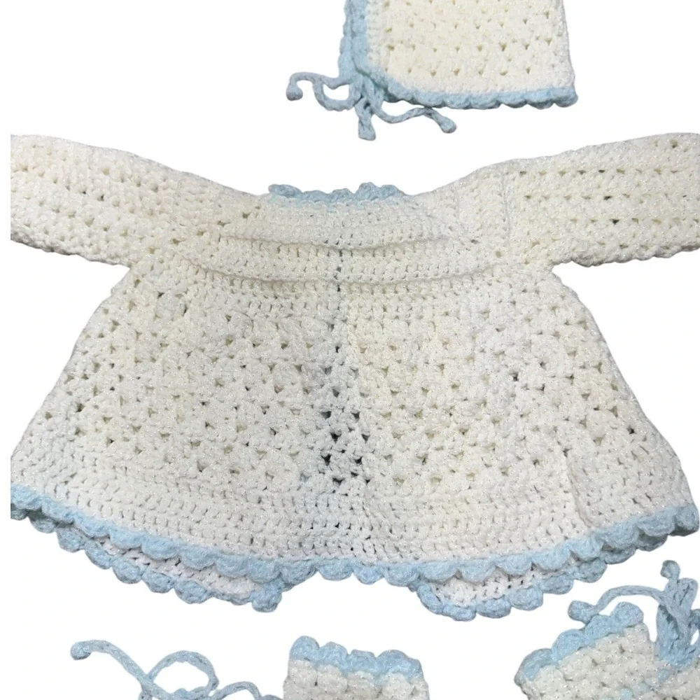 Vintage Unbranded Crochet Cardigan Bonnet Booties Set Kids 0 3M Soft Coquette
